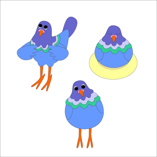 set of cartoonish pigeons bird doodle drawing