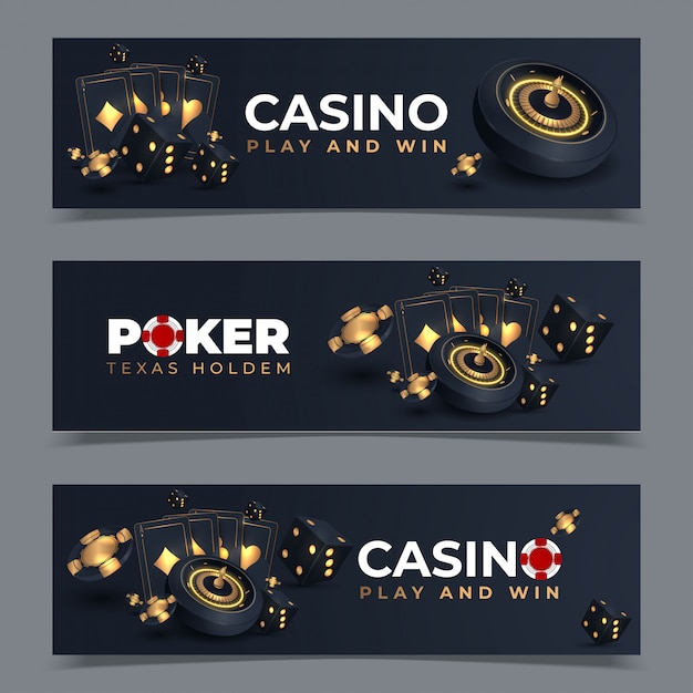 Set of Casino banners with casino chips and cards. Poker club texas holdem.  illustration