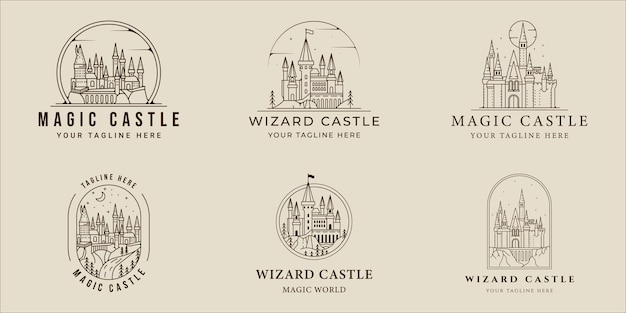 Set of castle architecture logo vector line simple illustration template icon graphic design bundle collection of various building of magic sign or symbol for print apparel tshirt