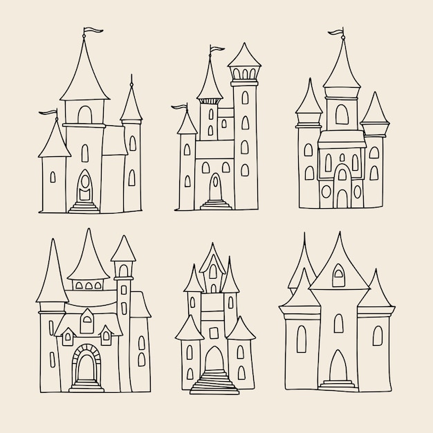 Set of castles outline Doodle castle isolated on white background Vector illustration