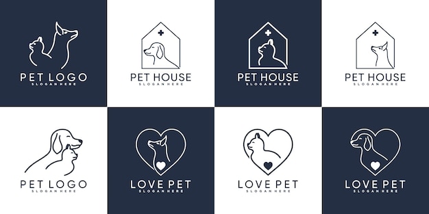 Set of cat and dog logo design with line art style and creative element Premium Vector