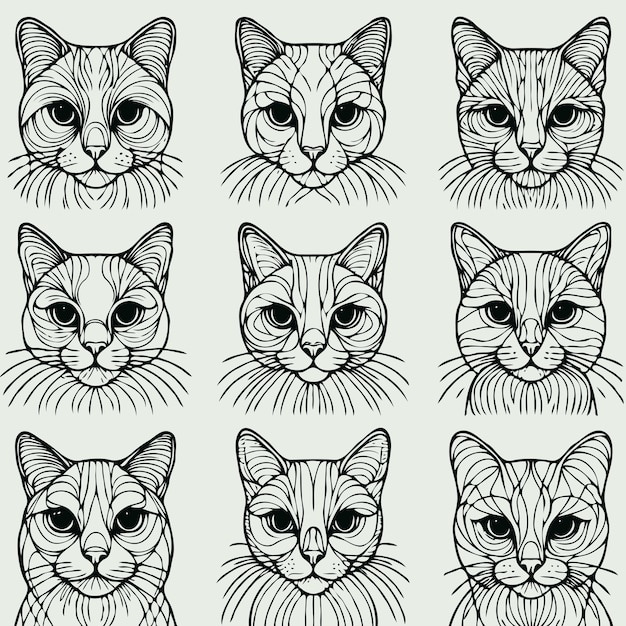 a set of cat faces with different patterns on them