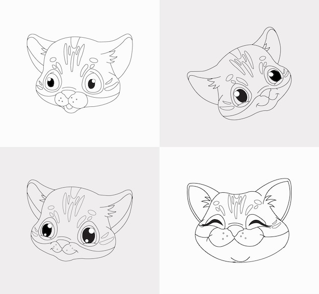 A set of cat head coloring book for kids antistress hand drawn zentangle cat vector illustration