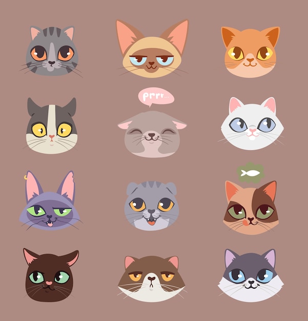 set of Cats heads isolated on brown