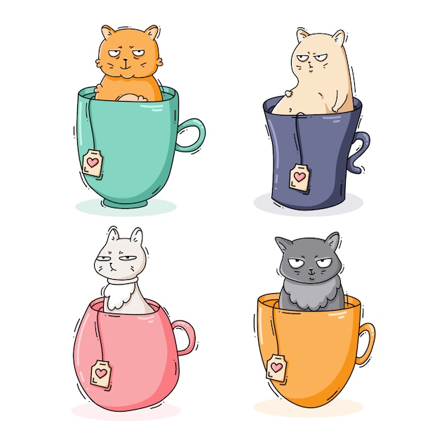 set of cats in mugs with tea