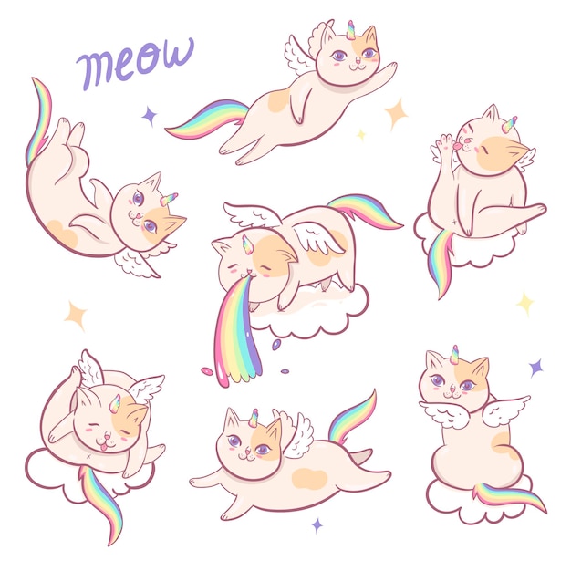 Set of cats unicorns isolated.