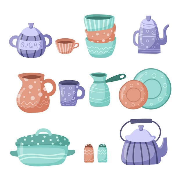 Set of ceramic kitchenware in cartoon style  Handmade ceramics collection