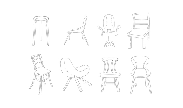 Set of Chair Funiture Black and White Isolated on White Background Illustrations