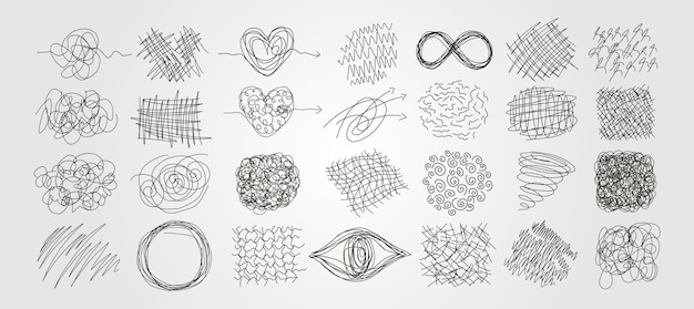 Set of chaotic scribble line art vector abstract illustration design, freehand scribble art background