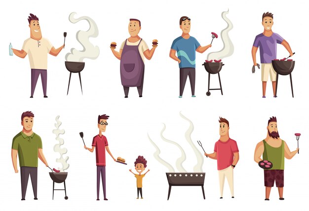 Vector set of character bbq party. mans with a barbecue grill. picnic with steak and sausages. happy smiling mans character cooking a barbecue grill