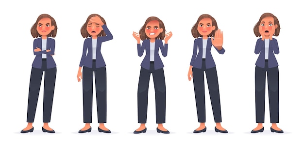 Set of character business woman expressing negative emotions Displeased angry girl Headache stop