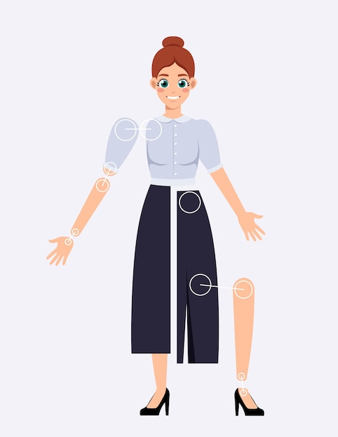 Set of character constructor for animation portrait of smiling female teacher with arms and legs