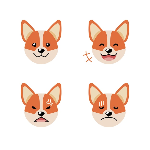 Set of character corgi dog faces showing different emotions