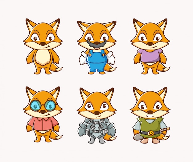 Set character illustration of cute fox with different costume and facial expression