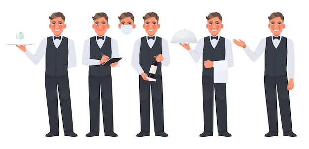 Set of character of a waiter man with a tray with a bottle of wine write down a customer's order