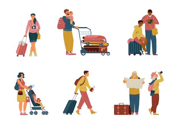 Set Of Characters In Airport With Suitcases Cart Backpacks Travelling Family Alone Senior Couple