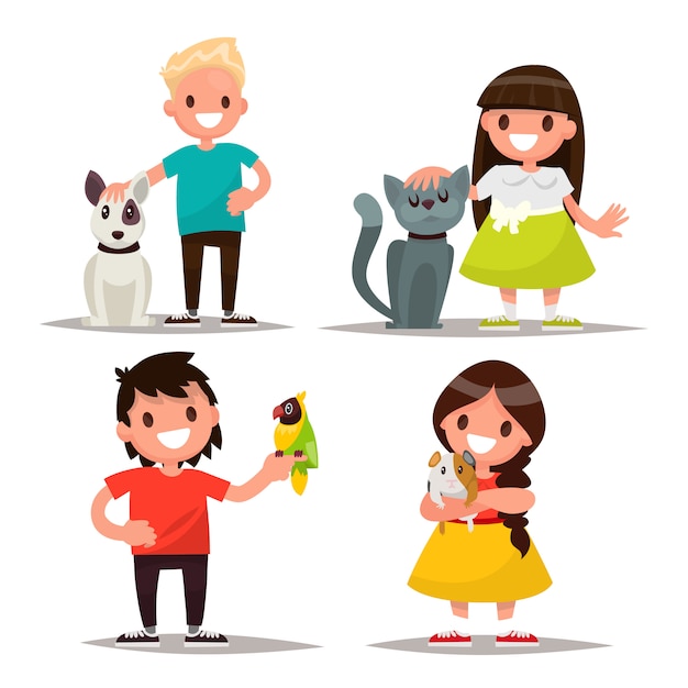 Set of characters. Children with pets.