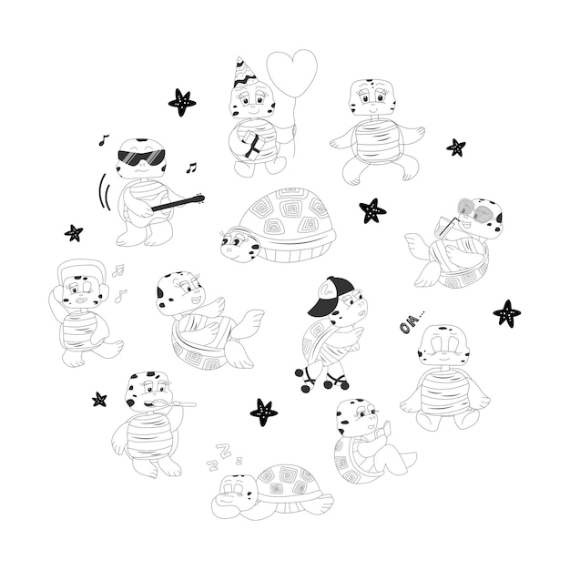 Set of characters of cute turtle seaweed starfish The funny animal is resting and having fun playing sports meditating Vector illustration in outline style