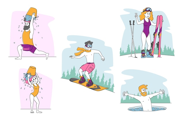 Set of Characters Doing Weird Winter Activities Illustration