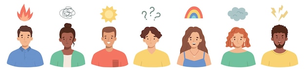 Set of characters expressing their feelings and emotions Mood and emotional state happy sad angry confused scared excited Vector flat illustration