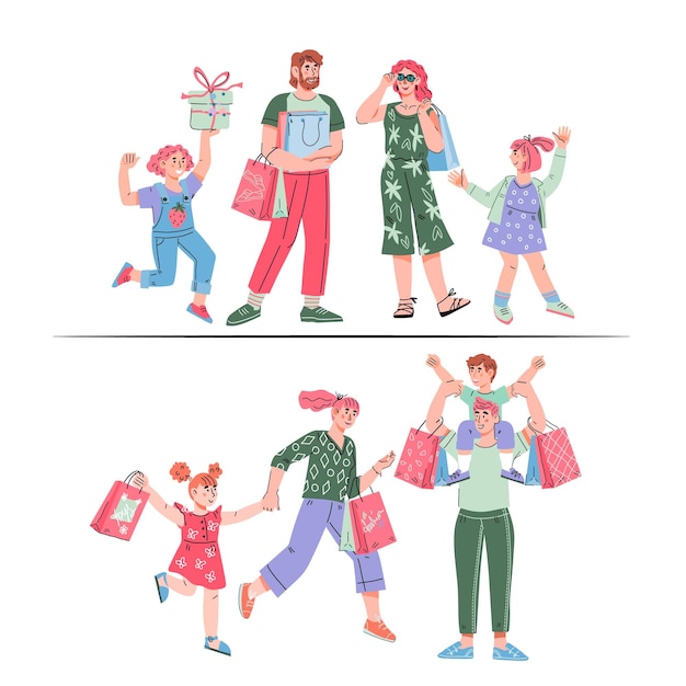 Set characters of happy families of shoppers parents and children with shopping bags at sale