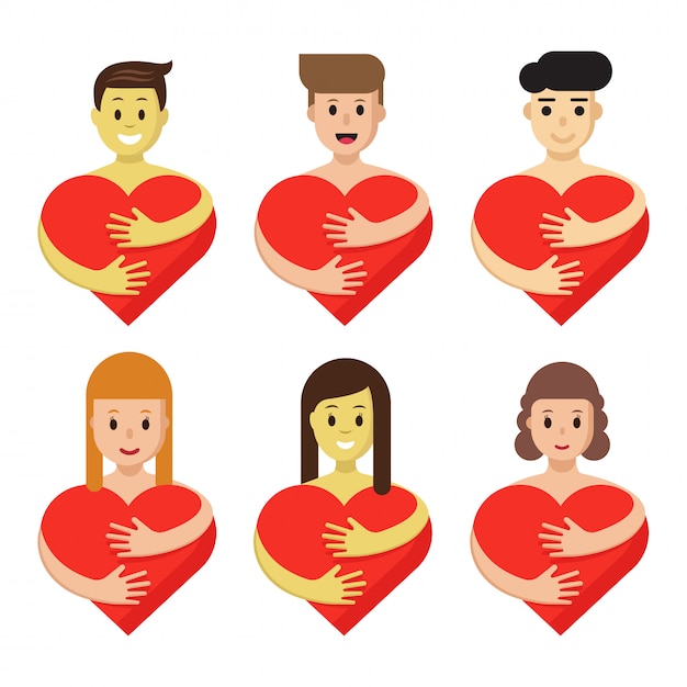 Set of characters hugging heart. Cartoon people hold red love symbols isolated.