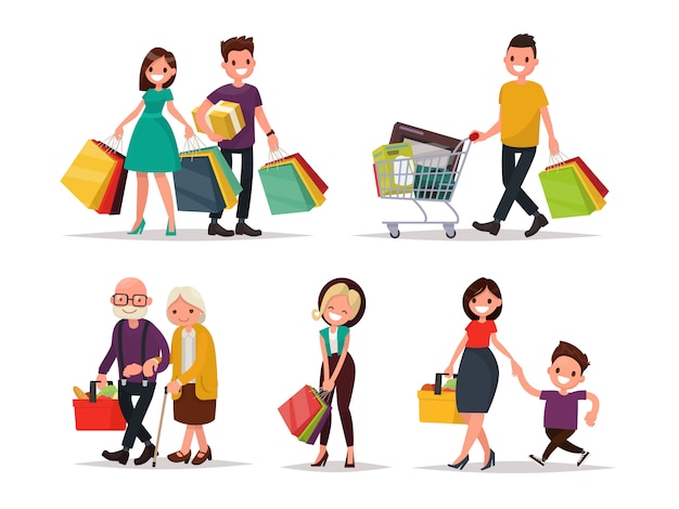 Set of characters and people shopping.  illustration of a flat design