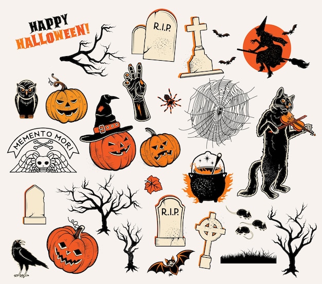 Set of  characters pumpkins witches silhouette bats cauldron spiders and web cat with violin