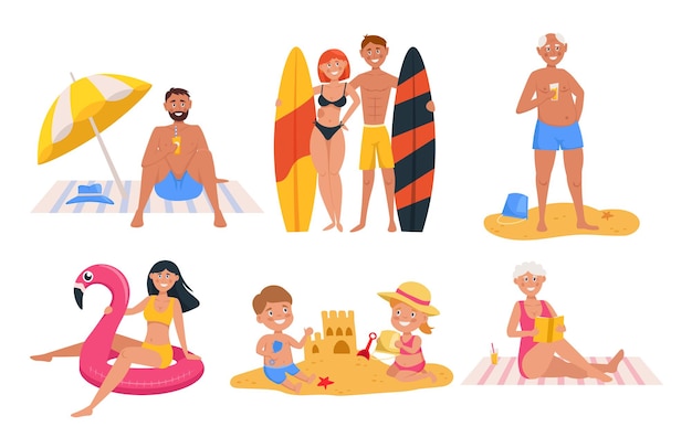 Set of characters relaxing at sea and beach