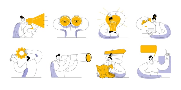 A set of characters on the topic of finding a big idea in business