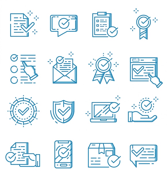 Set of check mark and approved icons with outline style