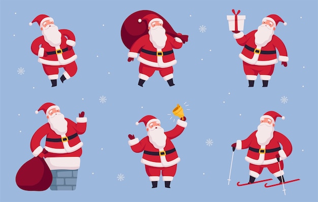 Set cheerful Santa Claus in different poses and situations Christmas character with gifts bag and bell Vector illustration