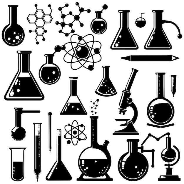 A set of chemistry essential icons isolated on a white background silhouette illustration chemistry tools