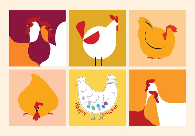 Vector set of chicken hen rooster icon character hand drawn vector illustration design