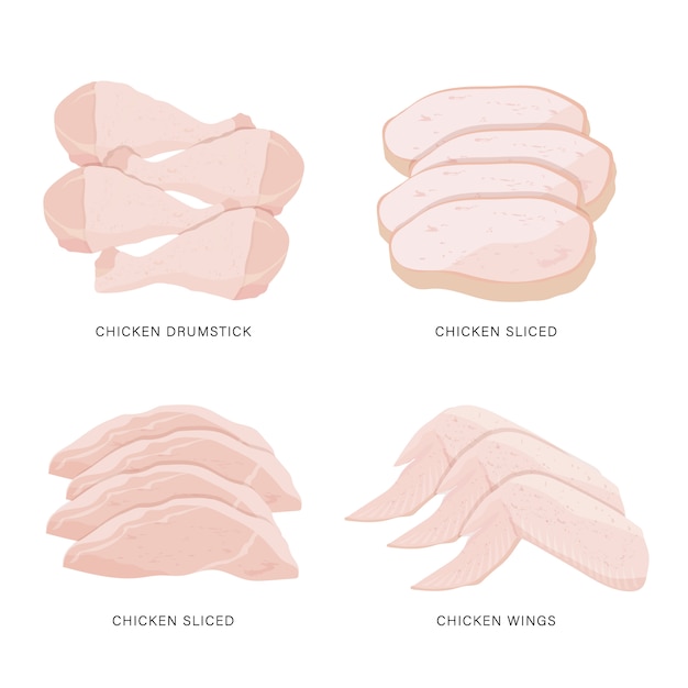 Set of Chicken raw slice and meat steaks isolated on a white background. Cartoon illustration