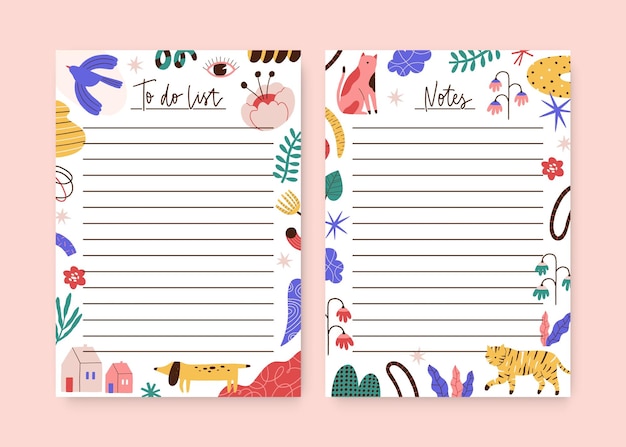 Set of childish notebook, organizer, planner memo page design template. To do list, agenda decorated of cute animals, plants, trendy curve shapes. Flat vector cartoon illustration on white background.