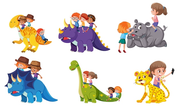 Set of children cartoon character riding dinosaur