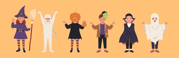 Set of children characters for Halloween. Costumes witches, mummy, pumpkin, Frankenstein's monster, Dracula, ghost.  illustration in a flat style