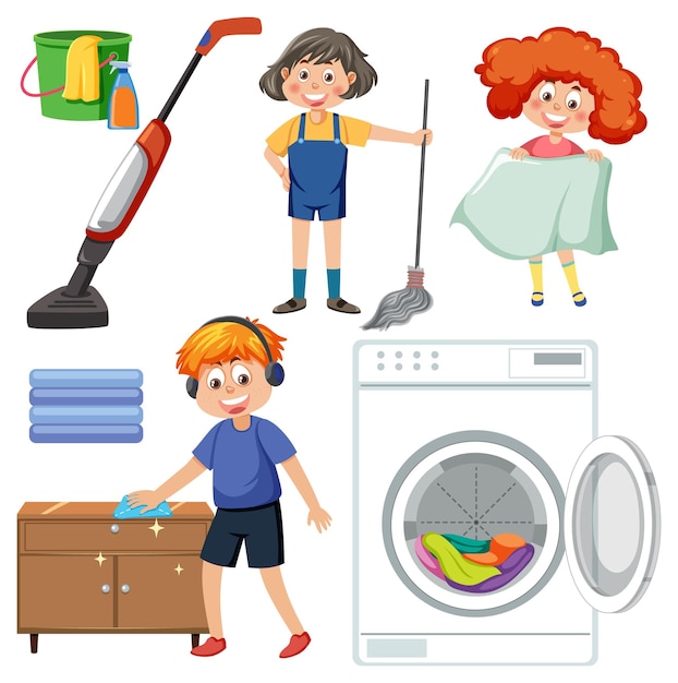 Set of children doing chores with household equipments