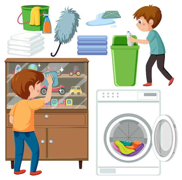 Set of children doing chores with household equipments