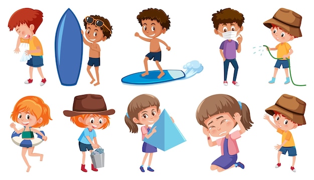 Set of children doing different activities on white background