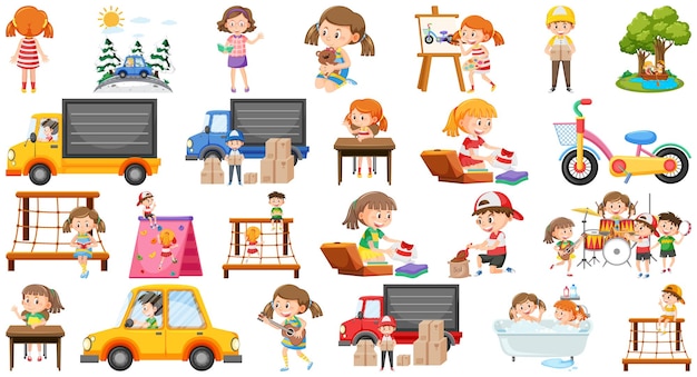 Set of children doing different activities