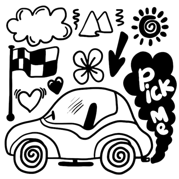 set of children drawings Kid doodle car heart cloud and other