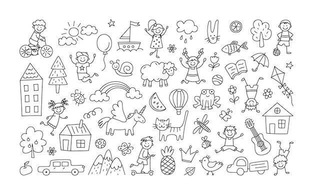 A set of children drawings. Kid doodle. Children playing and jumping, painted houses, unicorn, cute cat and other black white elements.