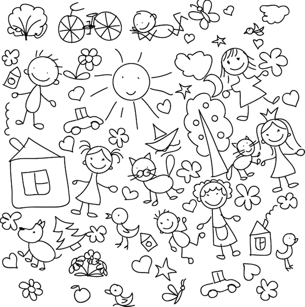 A set of children drawings Kid doodle Sun in the clouds summer flowers and trees painted houses cute cat and other black white elements Vector illustration on white background