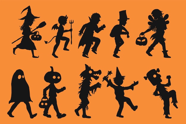 Set of children in halloween day.Children silhouette on orange background.