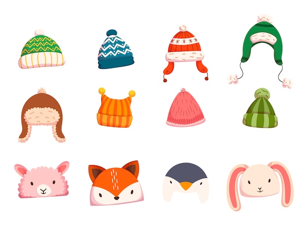 Set of Children Hats for Autumn and Winter Seasons Knitted and Textile Caps for Girls or Boys Isolated on White