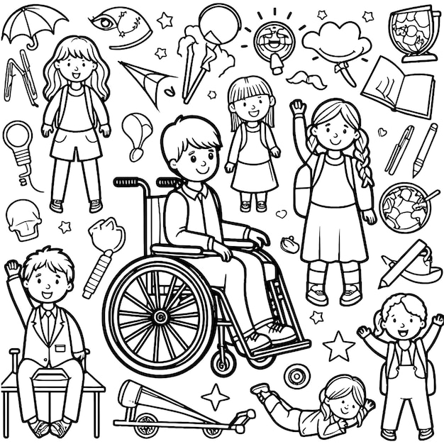 Set of children isolated children schoolgirls on a wheelchair coloring book generative ai