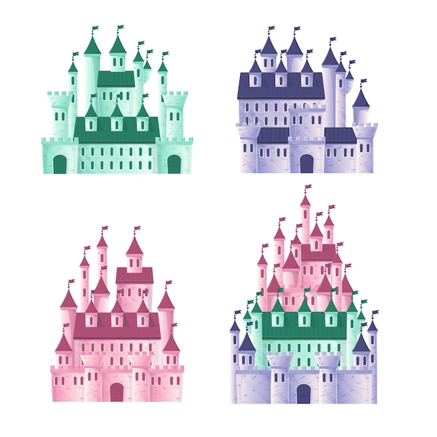 Set of children's fairytale castles on a white background Flat cartoon vector illustration