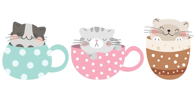 Set of children's illustrations cute funny kittens in colorful cups pastel colors Icons